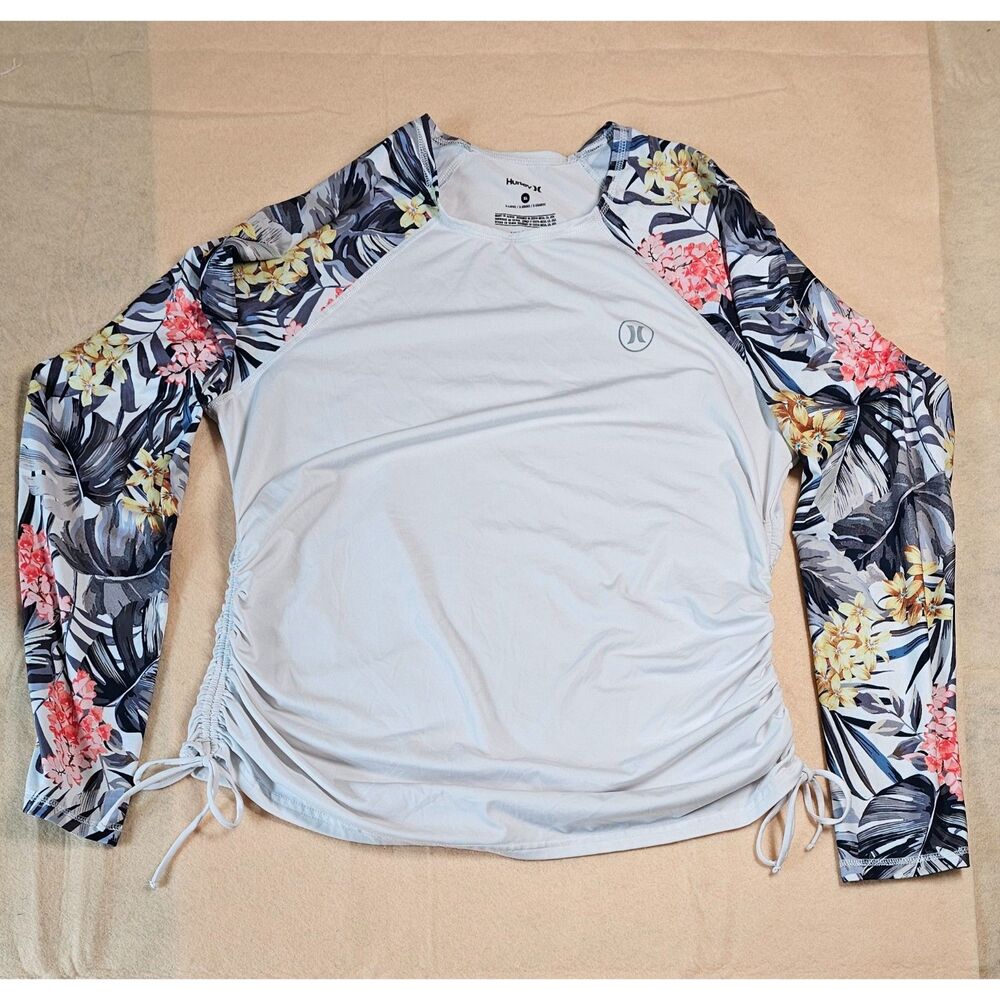 Hurley Womens XL Long Sleeve Rash Guard Tropical Floral Ruched Side Swim